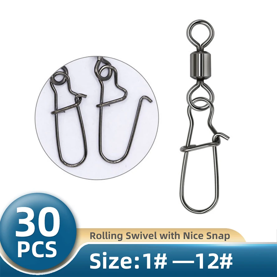 

TIANNSII 30PCS 1#-12# Stainless Steel Fishing Connector Pin Bearing Rolling Swivel Snap Pins Fishing Tackle Accessories