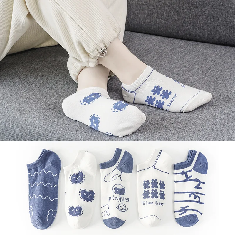 

Simple cartoon cartoon blue and white bear boat socks fashion trend summer socks casual breathable sports invisible socks