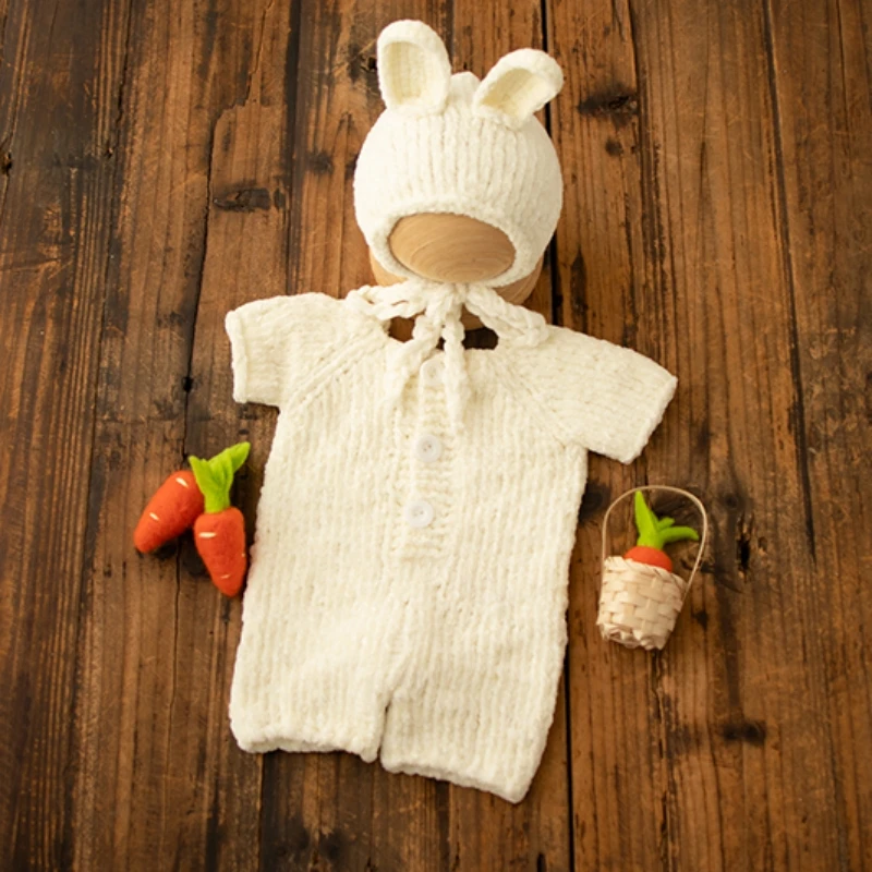 Dvotinst Newborn Photography Props Baby White Soft Knitted Rabbit Outfit Romper Hat 2pcs Fotografia Studio Shooting Photo Props