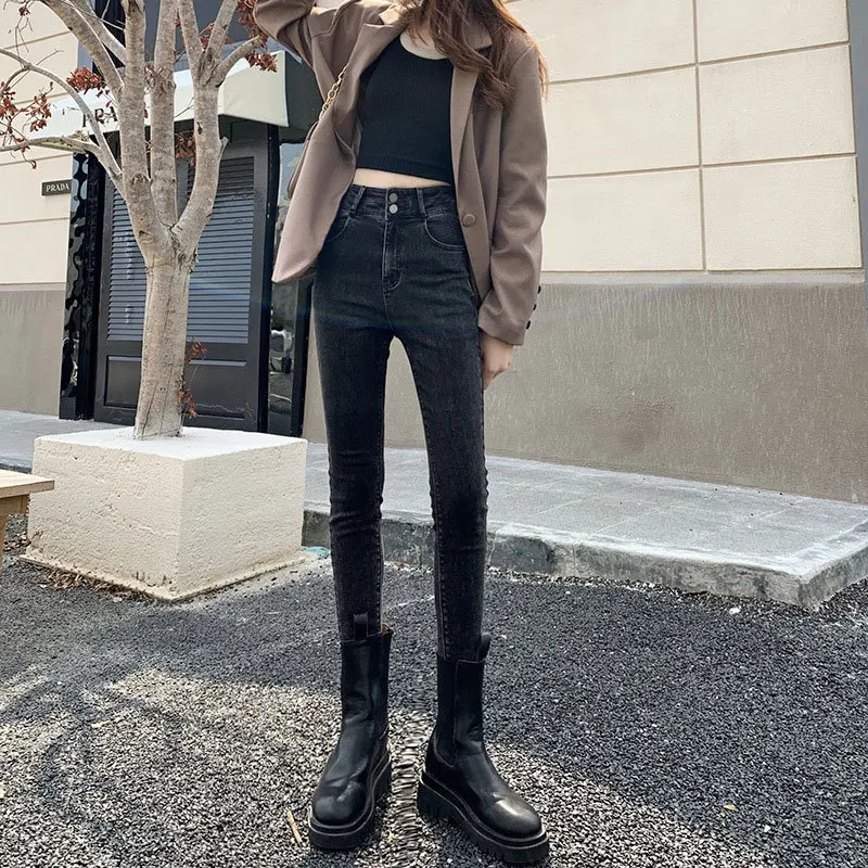 Women Versatile Early Spring High Waist Black Grey Elastic Cropped Double Button High Waist Small Leg Jeans for women