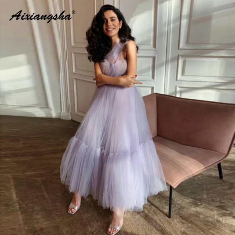 

Aixiangsha Strapless One Shoulder Tiered Pleat Prom Gown Purple A-Line Ankle-Length Evening Dress Vestido De Noche Custom Made