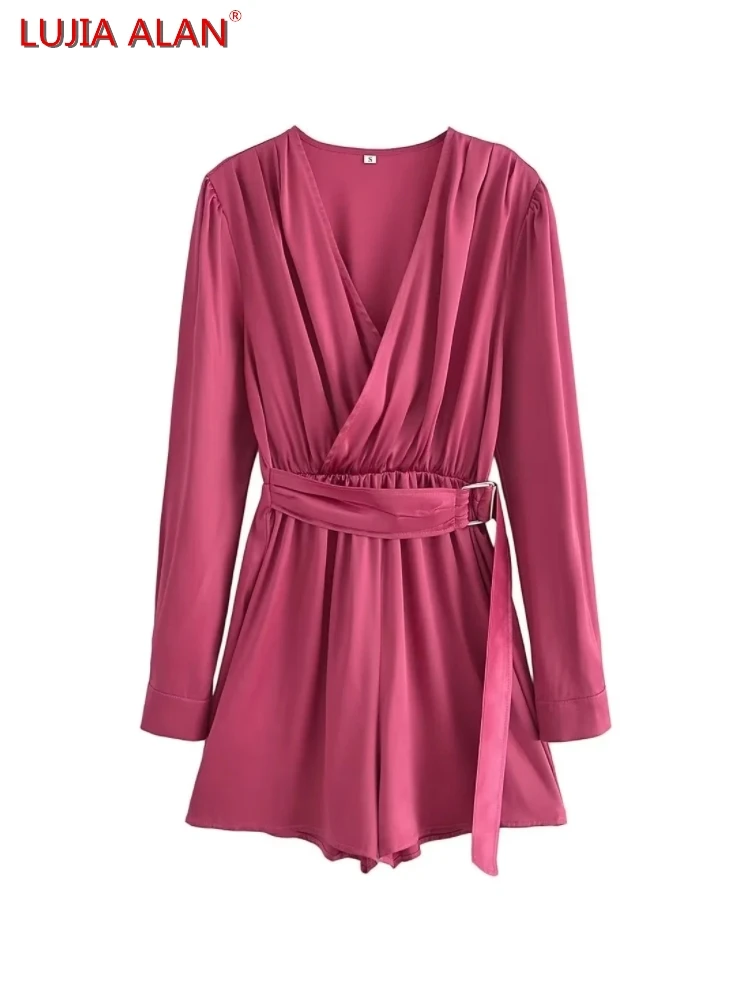 

Женские атласные шорты с поясом и V-образным вырезом, 2 цвета LUJIA ALAN P3611