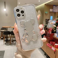 cute 3d bear glitter phone case for iphone 11 12 13 pro max 7 8 plus x xs xr se 2020 plating shockproof soft silicone back cover