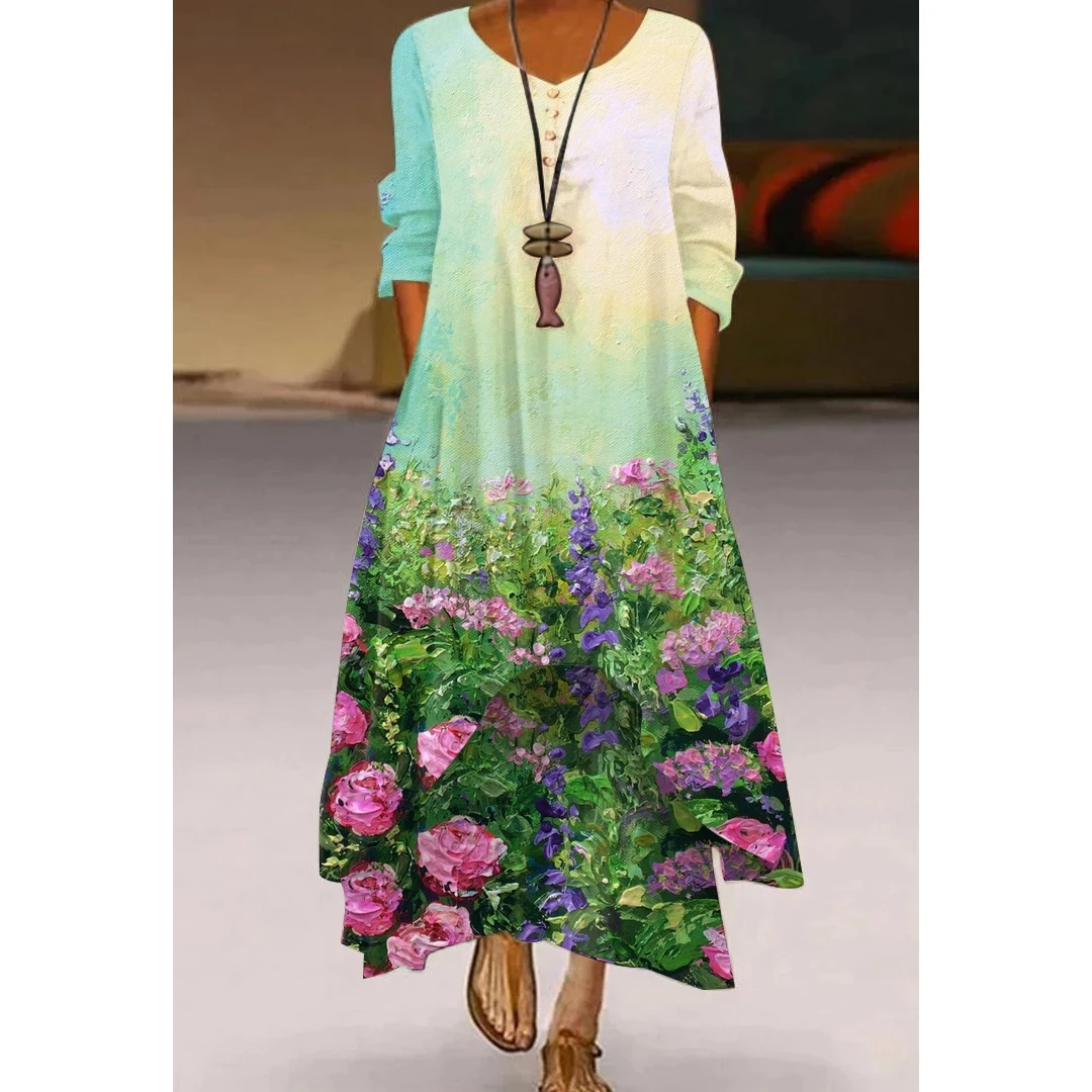 

New 2022 Summer Women's Elegant Long Skirt Leisure Loose Ankle Length Round Neck Long Sleeve Dress Color Print Daily Street Wear