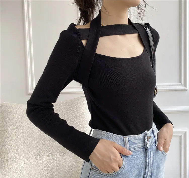 

Black Color Halter Sexy Off Shoulder Knit Crop Tops Sweater Fall Spring Full Sleeves Sexy Tees Lady Pullovers