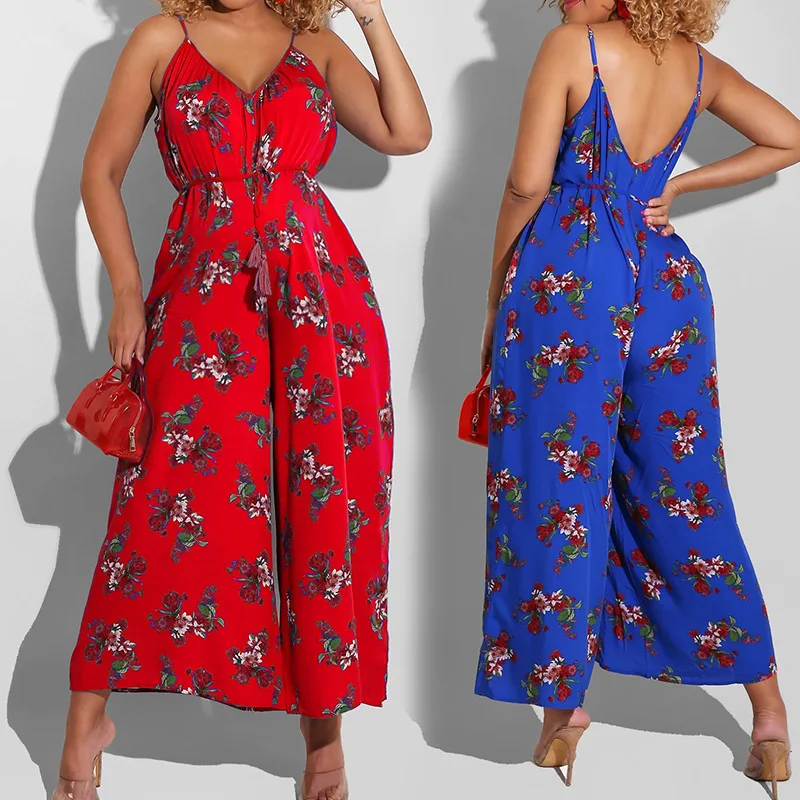 New Floral Print Suspenders V-neck Loose Wide-leg Jumpsuit Sleeveless Wide-leg Jumpsuit High Waist Loose One-piece Jumpsuit