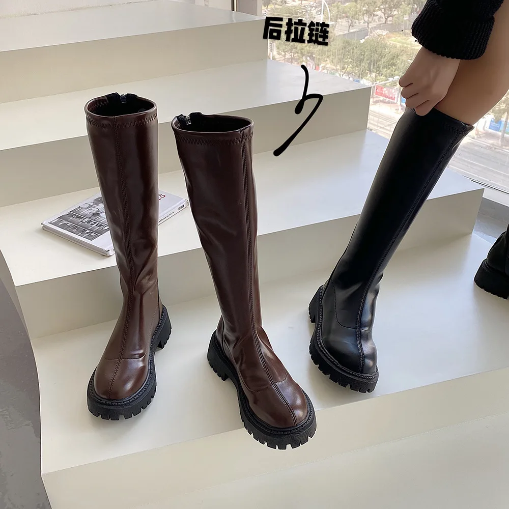 Knight Boots  Women  PU Back Zipper Increase Thick Bottom Waterproof and Nonslip Round Solid Color