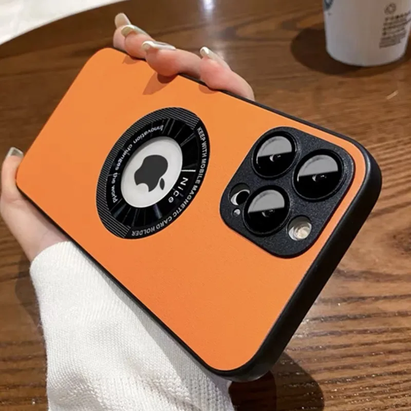 

Business Logo Hole PU Leather Magsafe Case for iPhone 11 12 13 14 Pro Max Plus Glass Lens Protector Soft Shockproof Back Cover