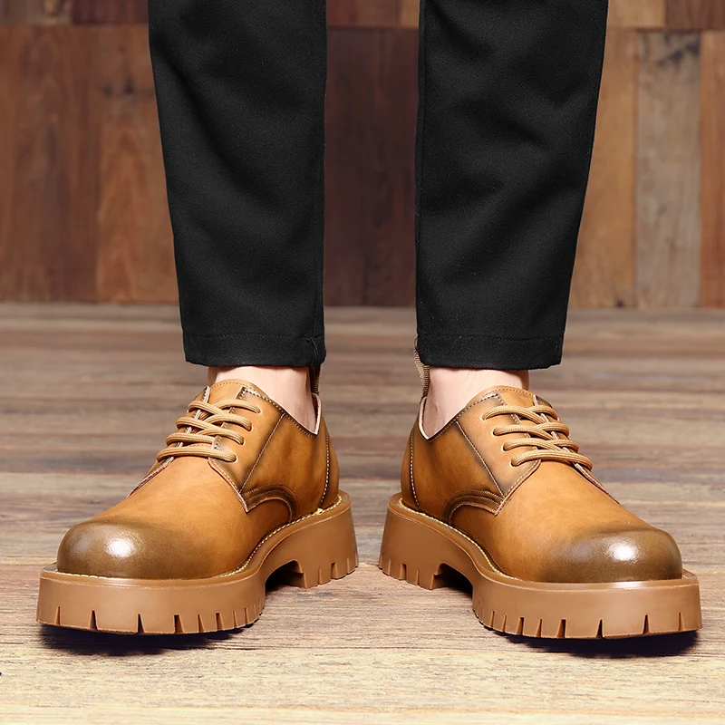 New Spring Summer Breathable Men Shoes Real Leather Designer Shoes Men Height Increasing Loafers Luxury Lace-up Dress Shoes