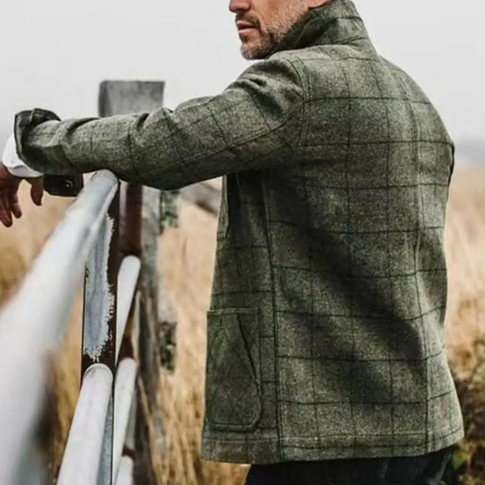

Popular Men Jacket Plaid Man Checkered Buttons Jacket Autumn Winter Men Coat for Daily Wear