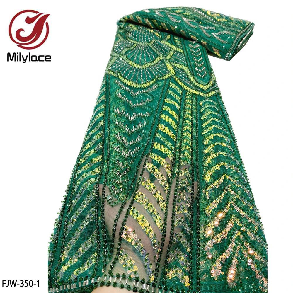 

Elegant Handmade Beads Lace Fabric with Sequins African Tulle Lace Fabric for Sewing Bride Wedding Dress FJW-350