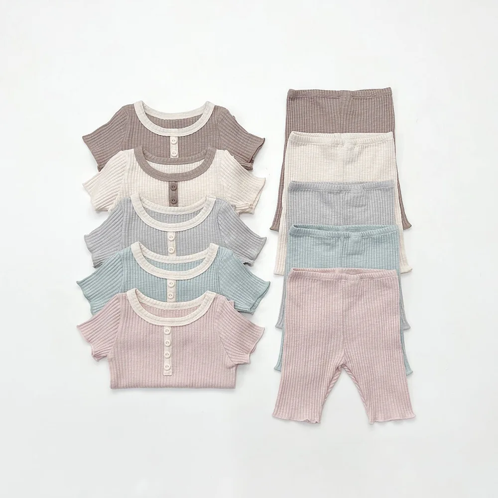 

KOKI Baby Kids Sleep Pajamas Clothes Solid Color Ribbed Short Sleeve Shirt+pant Korean Style Girl Boy Home Clothing Wholesale