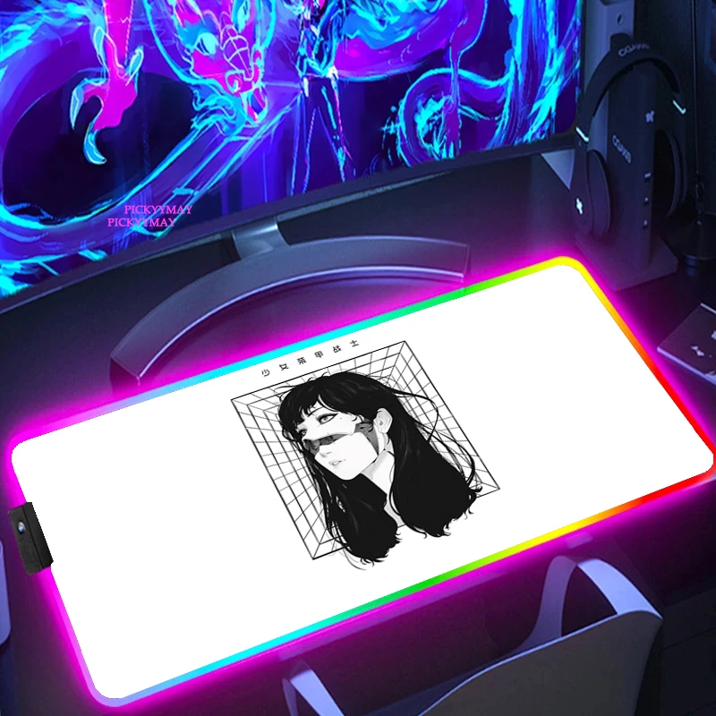 

Girl Armored Warrior RGB Gaming Mat Mouse Pad XXL Gamer Large Desk Mat Backlit Mousepad Surface For The Mouse Carpet Mause Ped
