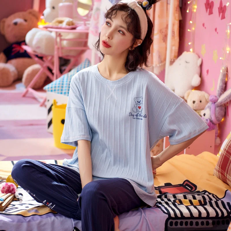 pajamas female summer short sleeved trousers pure cotton lovely girl spring autumn thin style summer two-piece home clothes