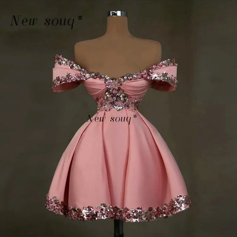 Sweet Pink Off the Shoulder Satin Short Evening Party Dresses Summer A Line Sequined Beaded Cute Girls Graduation Prom Gowns