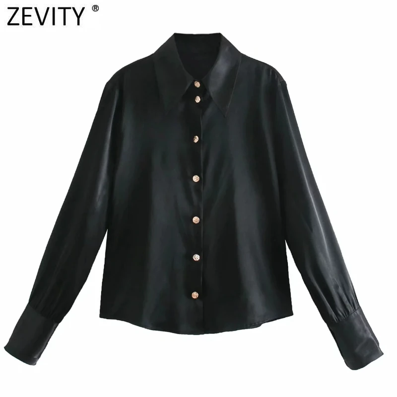 

Zevity Women Elegant Turn Down Collar Black Soft Satin Smock Blouse Office Ladies Single Breasted Shirts Chic Blusas Tops LS7465