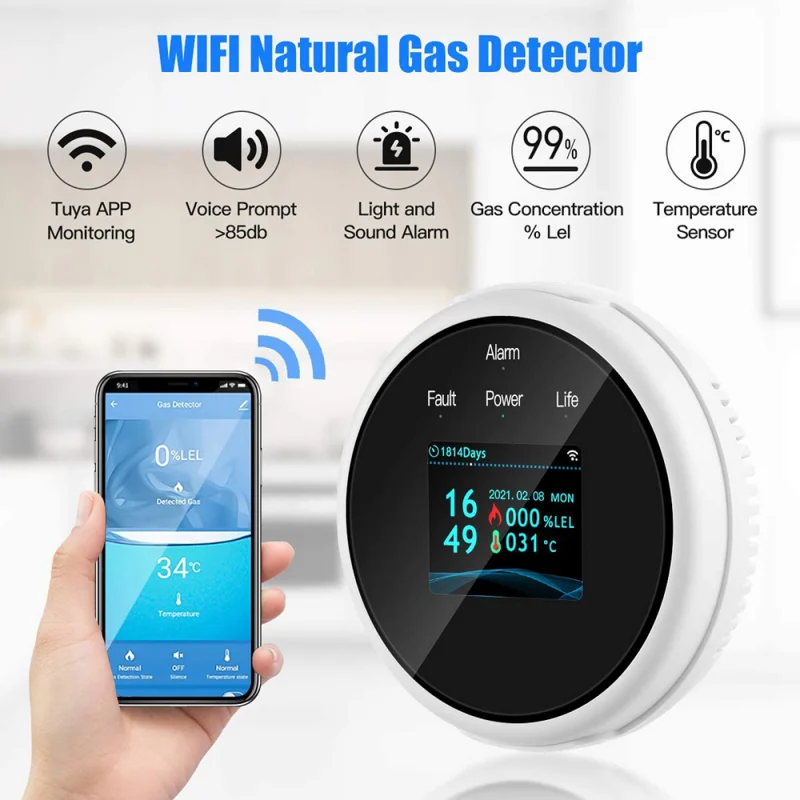 

Hot Smart Life Gas Leak Detector Sensor Tuya WIFI Led Display Screen Combustible Smart Home LPG Gas Alarm Temperature Detector