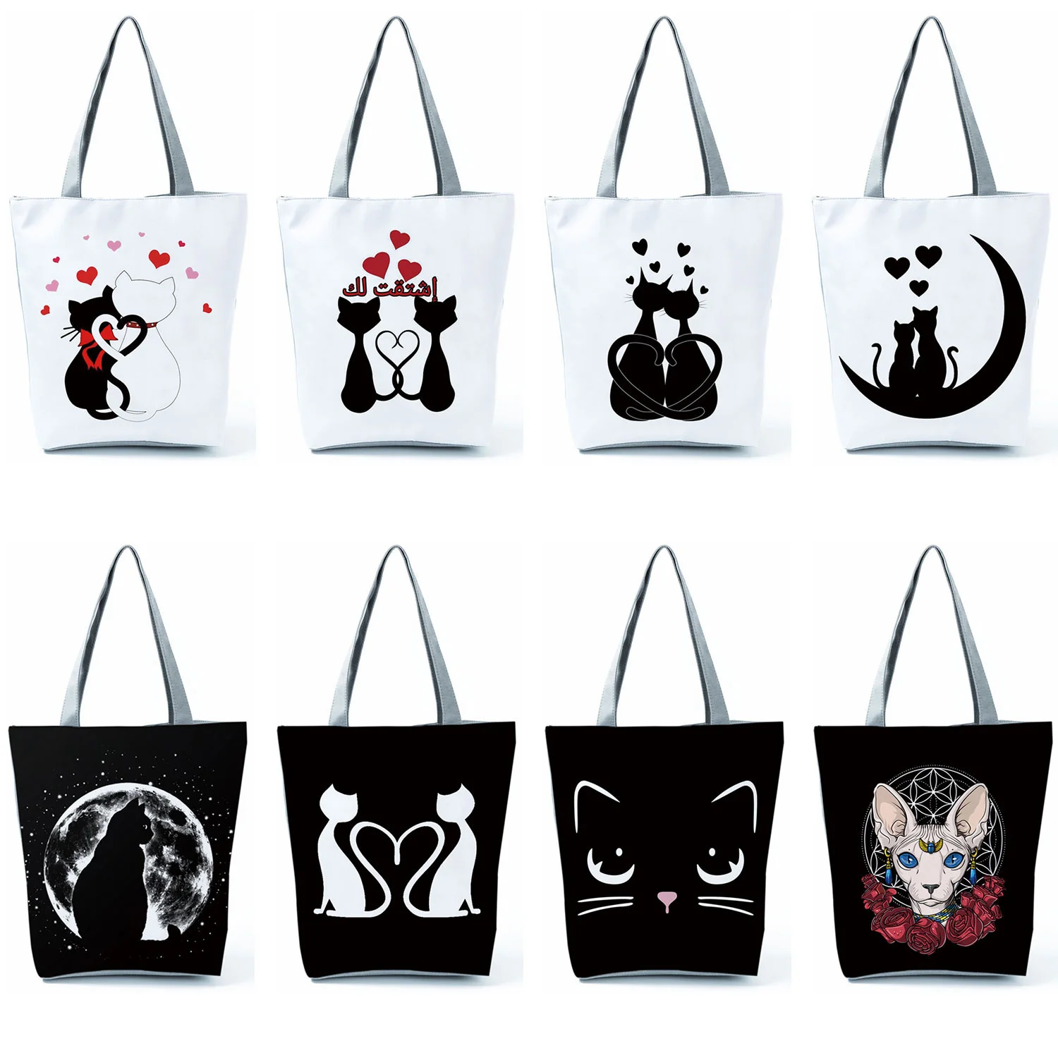 

Women Cartoon Black Cat Handbags Life Pet Trend Fashion Print Shopping Bag Lady Travel Beach Tote Bag Cute Shoulder Bag Female