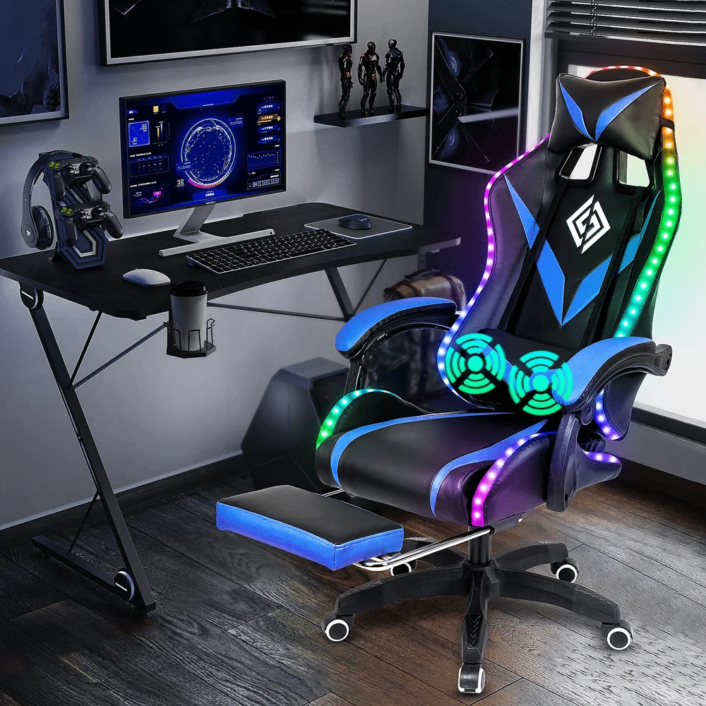 

HOFFREE Gaming Chair with RGB LED Lights Ergonomic Computer Chair with Massage Lumbar Pillow Linkage Armrest Reclining Leather V