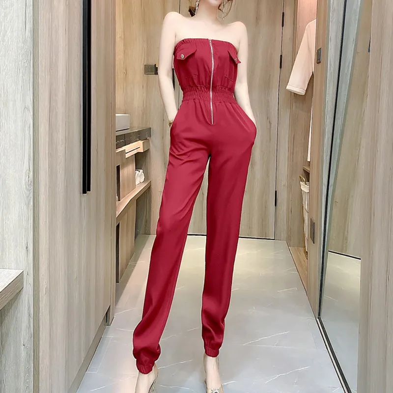 

Tube Top Cargo Jumpsuits Front Zipper Empire Elastic Waist Backless Summer Women's Rompers Elegant Cool Lady Clothing