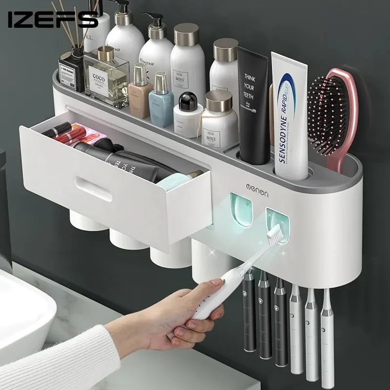 

Поглощающий инвертированный держатель для зубных щеток, двойной автоматический диспенсер для зубной пасты, стеллаж для хранения, набор аксессуаров для ванной комнаты
