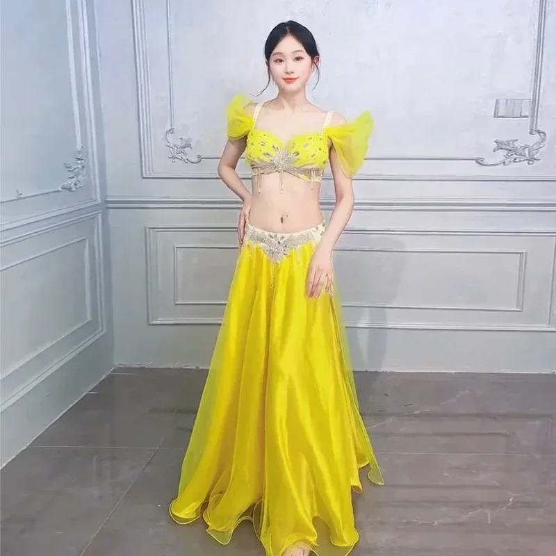 Фото Костюмы для выступлений BellyDance для женщин, бюстгальтер с камнями AB для пожилых людей + длинная юбка, 2 предмета, профессиональная одежда для соревнований по восточному танцам №4