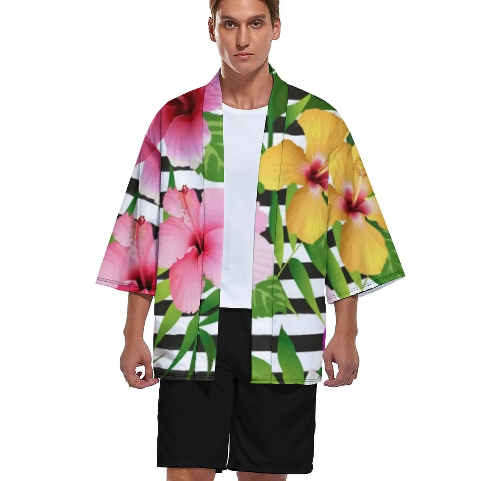 

Кардиган-кимоно в черно-белую полоску с Тропическими Цветами