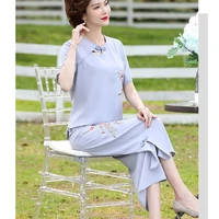 2022 vintage elegant floral pattern outfits elastic waist 2 piece set women short sleeve blouse top wide leg pants sets m 3xl