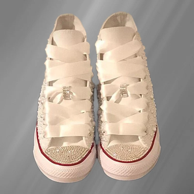 

Handmade rhinestone pearl trim ribbon canvas shoes simple wild casual white shoes custom shoes 35-46