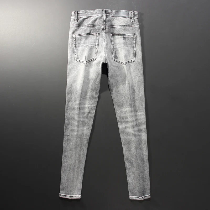 Street Fashion Men Jeans Retro Gray Elastic Stretch Skinny Ripped Jeans Men Leather Patched Designer Hip Hop Brand Pants Hombre