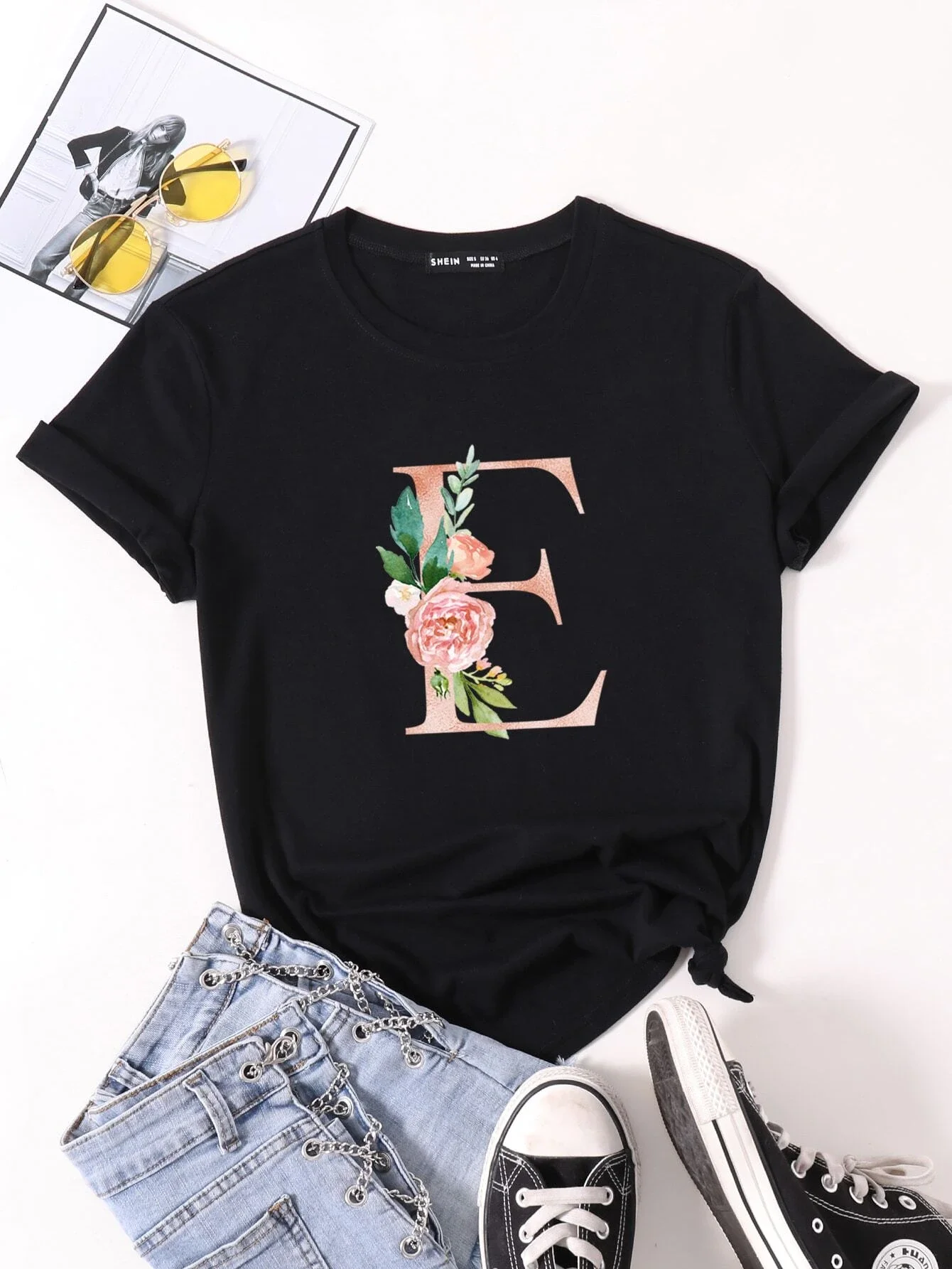 

Women's T-shirt Casual Kawaii Sunflower Butterfly Pattern Print Tshirt Comfortable Casual Women's Clothing Black Top