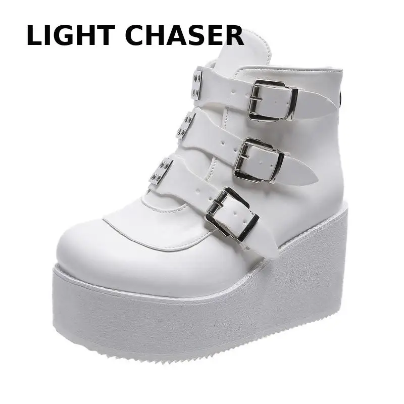 New Botas Women Motorcycle Ankle Boots Wedges Female Lace Up Platforms Spring Black Leather Oxford Shoes Women Botas Mujer 43