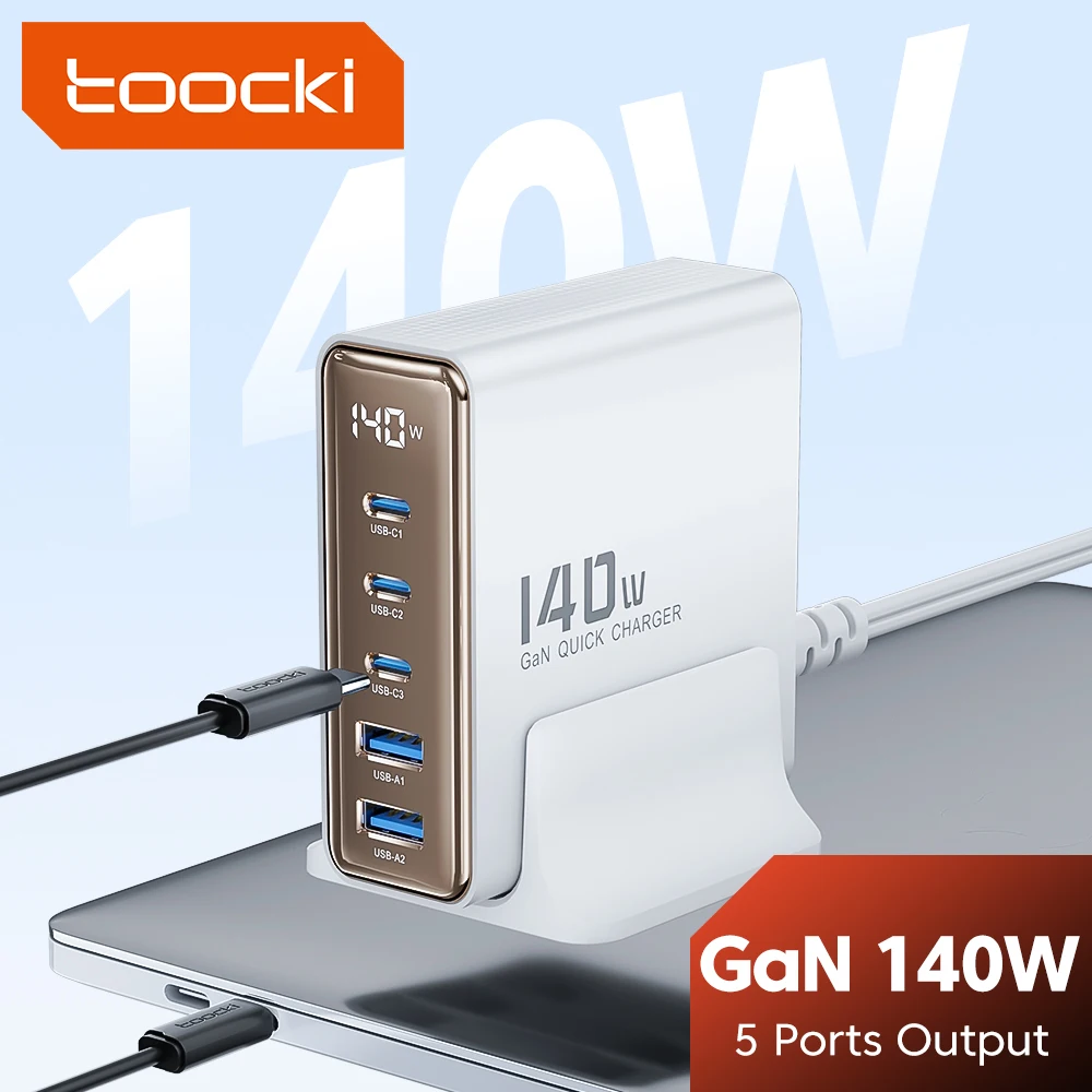 Toocki 140W GaN Charger 5 Ports USB Type C PD3.1 QC4.0 Fast Charge For Macbook Tablet Phone Charger for iPhone 14 13 Xiaomi iPad