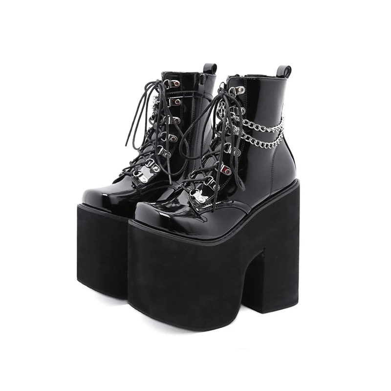 Winter Chain High Heels Women's Boots Square Toe Patent Leather Platform Solid Color Lace Up Black Sexy Ankle Boots Short Bootie
