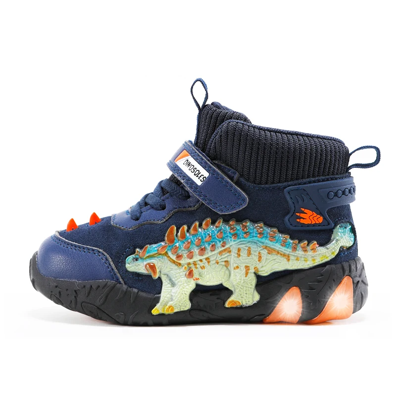 DINO LED Spring Warm Boots 2-6Y Children's Boys Ankle Genuine Leather Dinosaur Soles Glowing Sneakers Little Kids Light Up Shoes enlarge