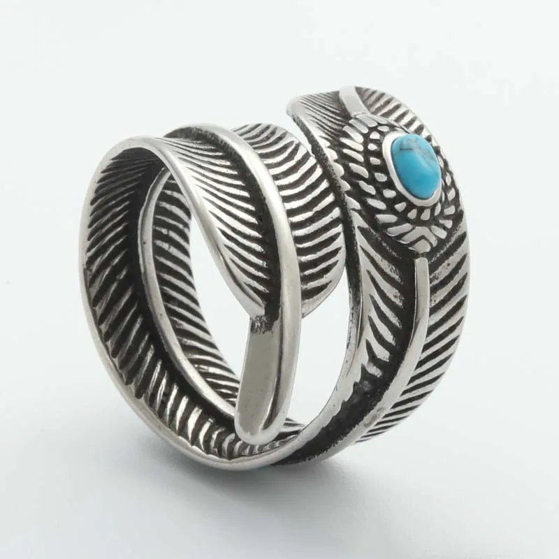 

Vintage Stainless Steel Silver Men's Feather Ring Inlaid Imitation Turquoise Casual Party Hand Accessories Boyfriend Gift