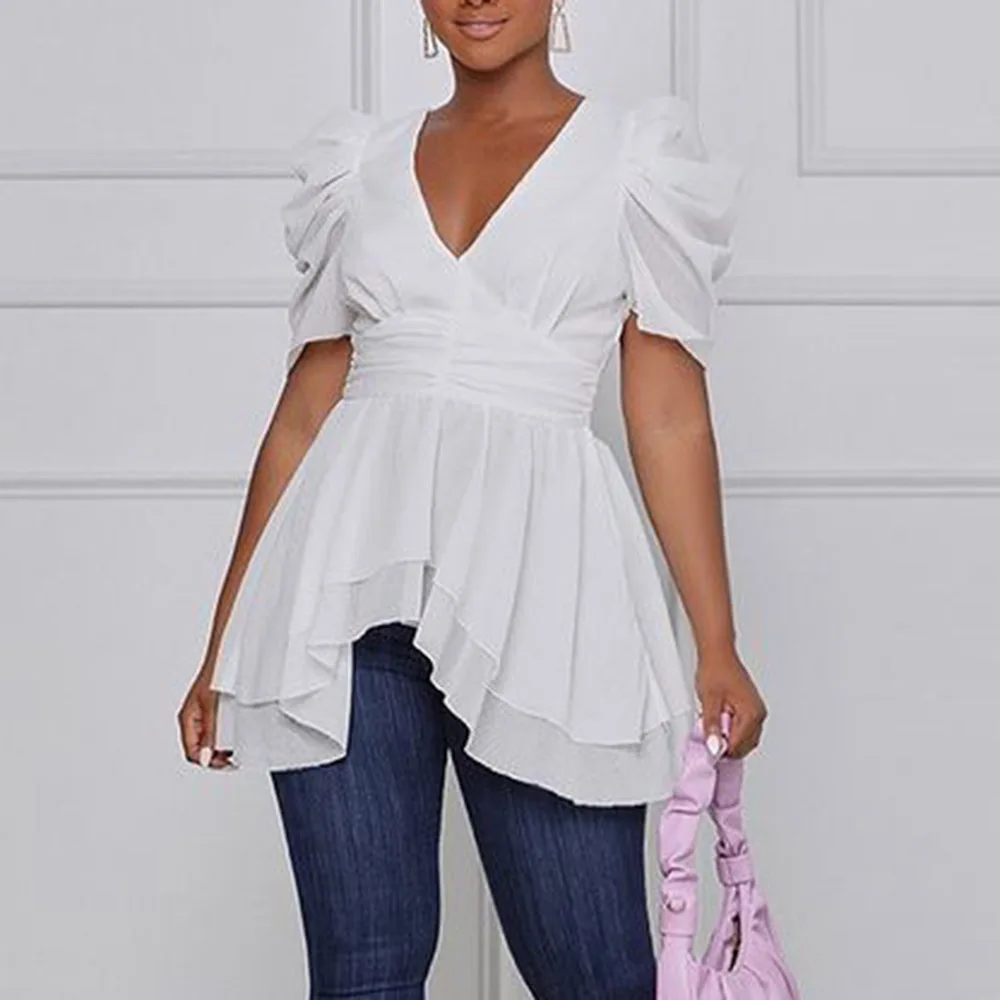 

African Fashion Women Sexy White Blouse Pleated Backless Tops Western Office Lady Clothes Summer Female Young Tee 2022 Spring