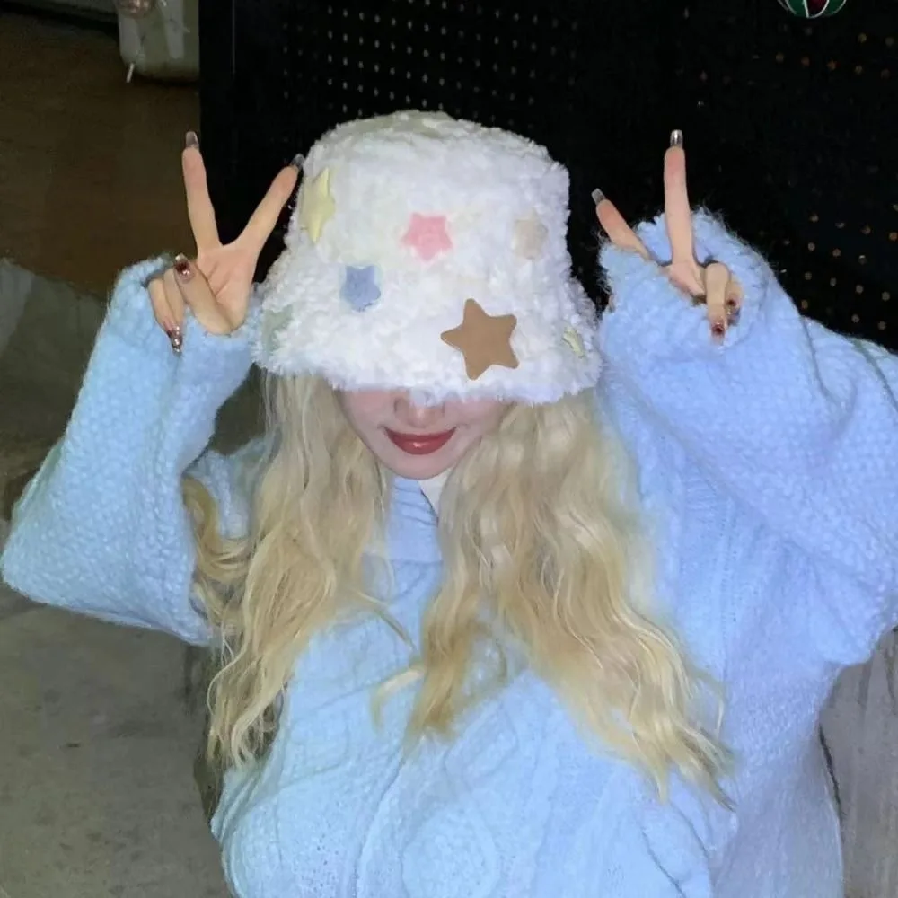 

Зимняя женская панама, модная теплая шапка со звездами для раковины, плюшевая шерстяная шапка с бантом для женщин