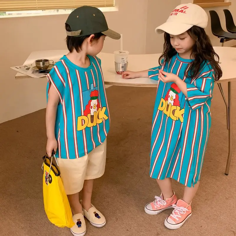 

2023 Summer New Children Brother Sister Matching Clothes Boys Fashion Cartoon Print T-shirt Girls Casual Dress Sibling Outfits