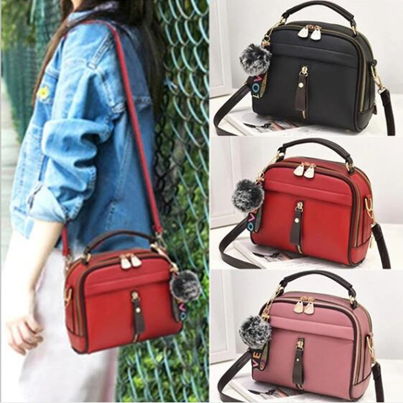 

PU Leather Women HandBags 2021 Messenger Bag Fur Ball Crossbody Flap Bags Female Shoulder Bag Solid Color Handbags