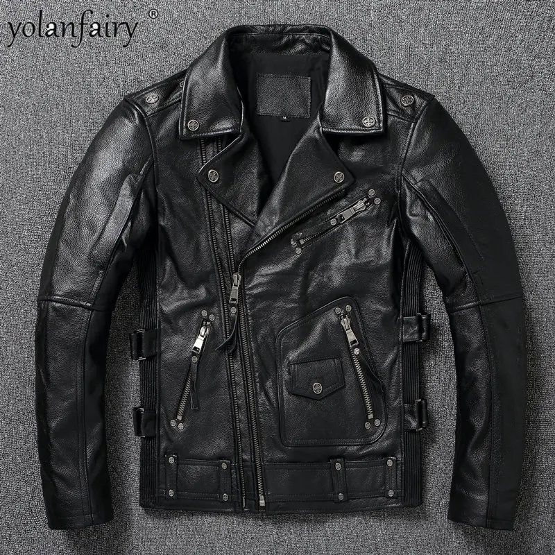 

Куртка Мужская Тяжелая мотоциклетная, однотонная верхняя часть из воловьей кожи, тонкая облегающая тонкая, с молнией