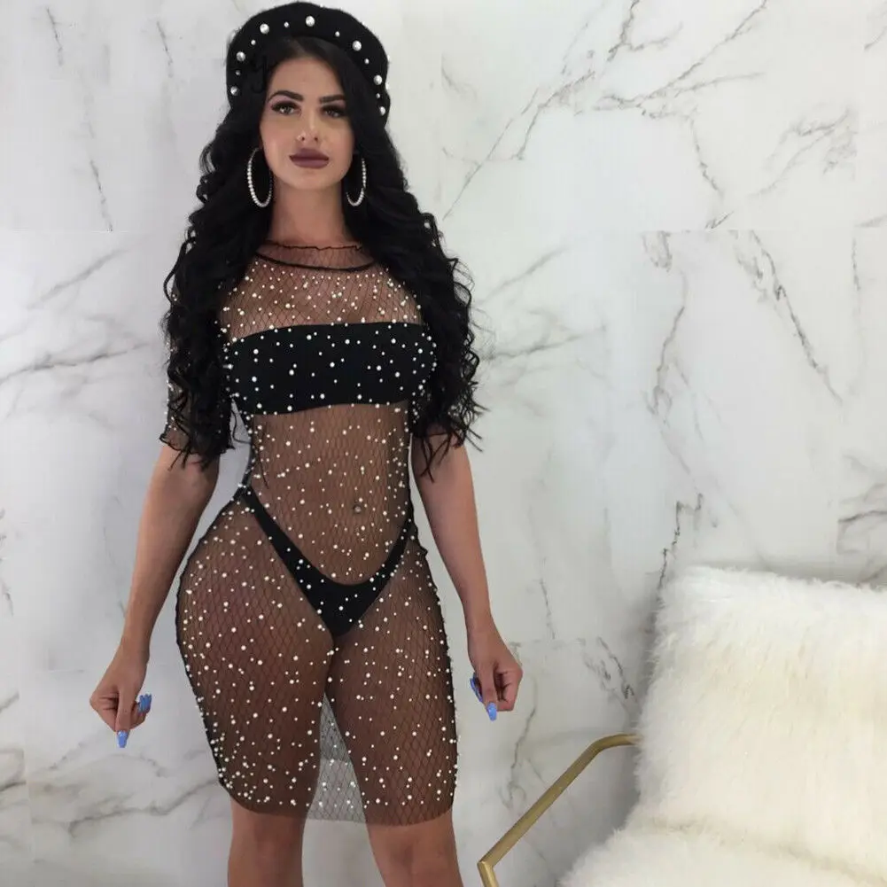 

Bathing Suit Solid Women's Sexy Bikini Swim Cover Up Bathing Suit Sexy Lace Crochet Sequins Beach Summer Dress Women's Swimwear