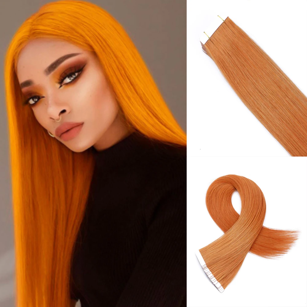 

Имбирные оранжевые шелковистые прямые ленты для наращивания человеческих волос, наращивание кожи, наращивание волос, клейкие человеческие волосы для женщин