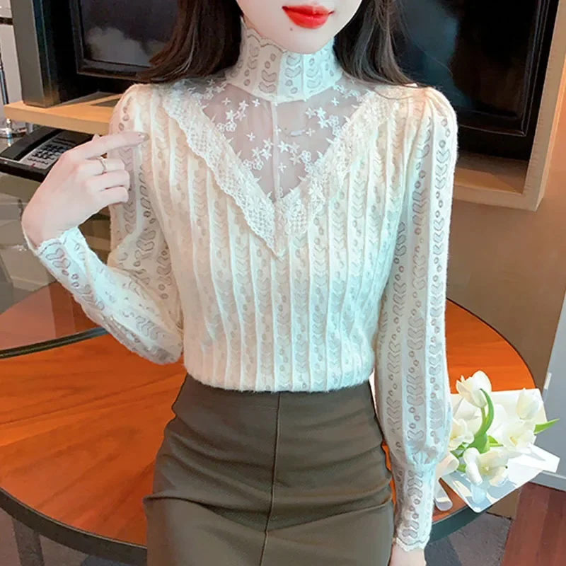 Модная водолазка с длинным рукавом женская блузка кружевная бархатная