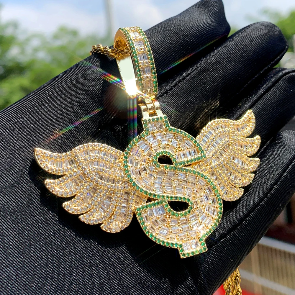 

New Iced Out Bling Letter Dollar Symbol Pendant Necklace Gold Plated CZ Cubic Zirconia Wings Charm Men Women Hip Hop Jewelry