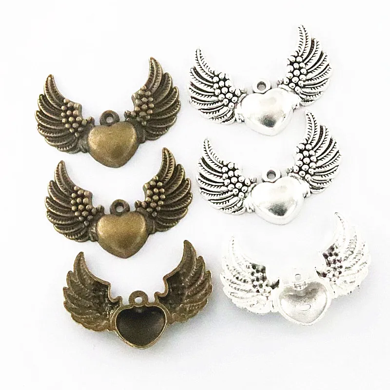 Подвеска ручной работы в виде сердца с крыльями, Посеребренная античная бронза, 30 шт., 36 х27 мм, подвеска «сделай сам» для браслета, ожерелья