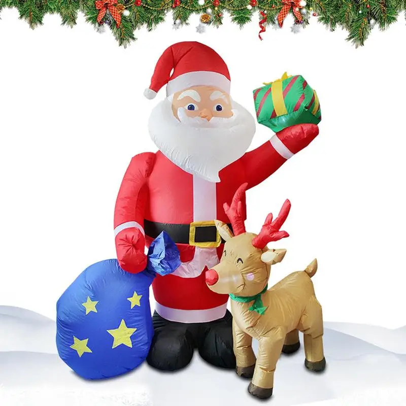 

Santa Claus Inflatable Outdoor Decorations 6ft / 183cm Blow Up Santa With Gift Box And Reindeer Luminous Christmas Decorations