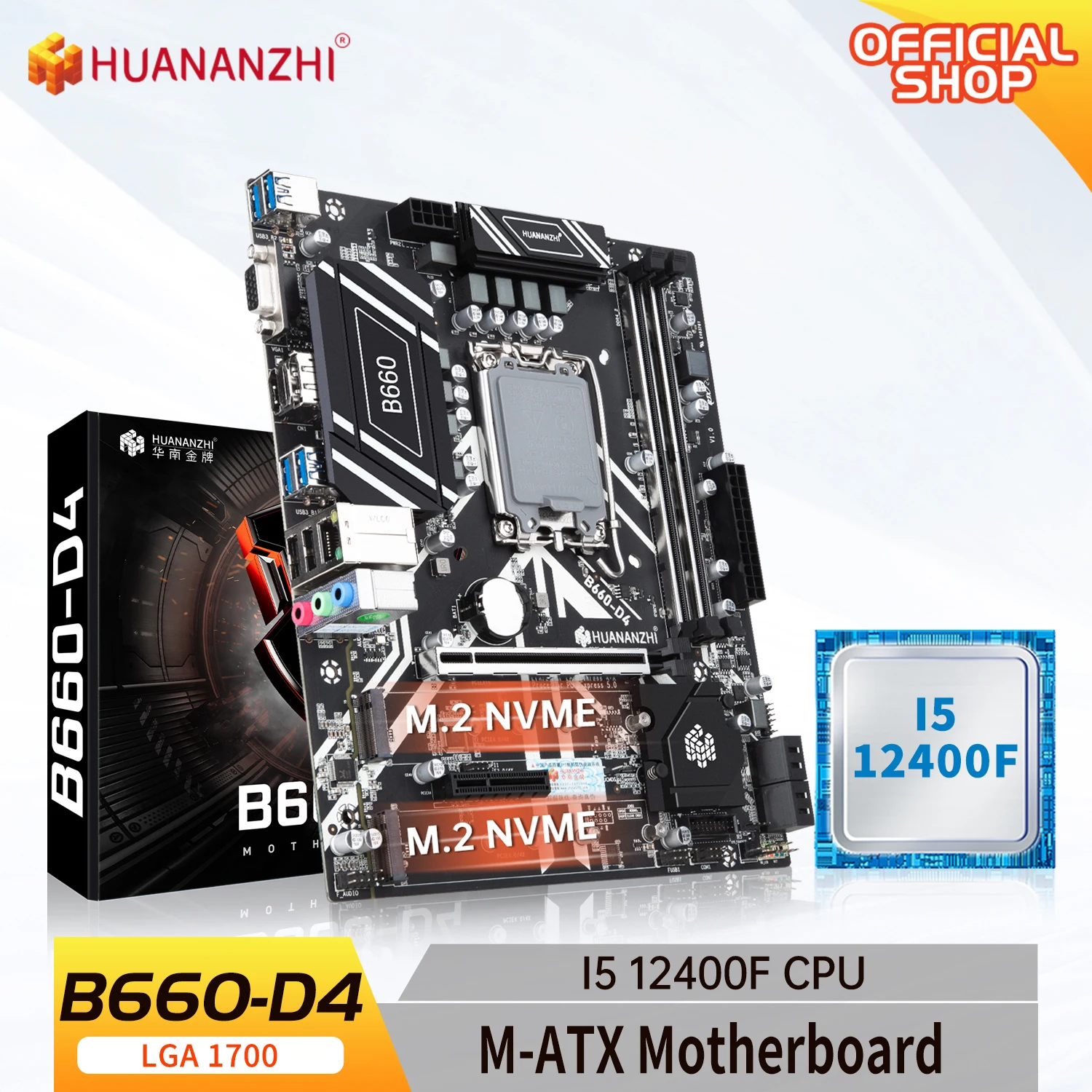 

HUANANZHI B660 D4 M-ATX Motherboard with Intel Core i5 12400F LGA 1700 Supports DDR4 2400 2666 2933 3200MHz 64G M.2 NVME SATA3.0