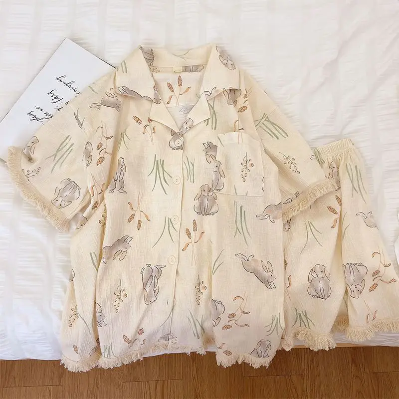 QWEEK Gauze Pajamas Rabbit Print Kawaii Sleepwear Korean Style Cardigan Suits with Shorts 2 Pieces Sweet Women Clothing