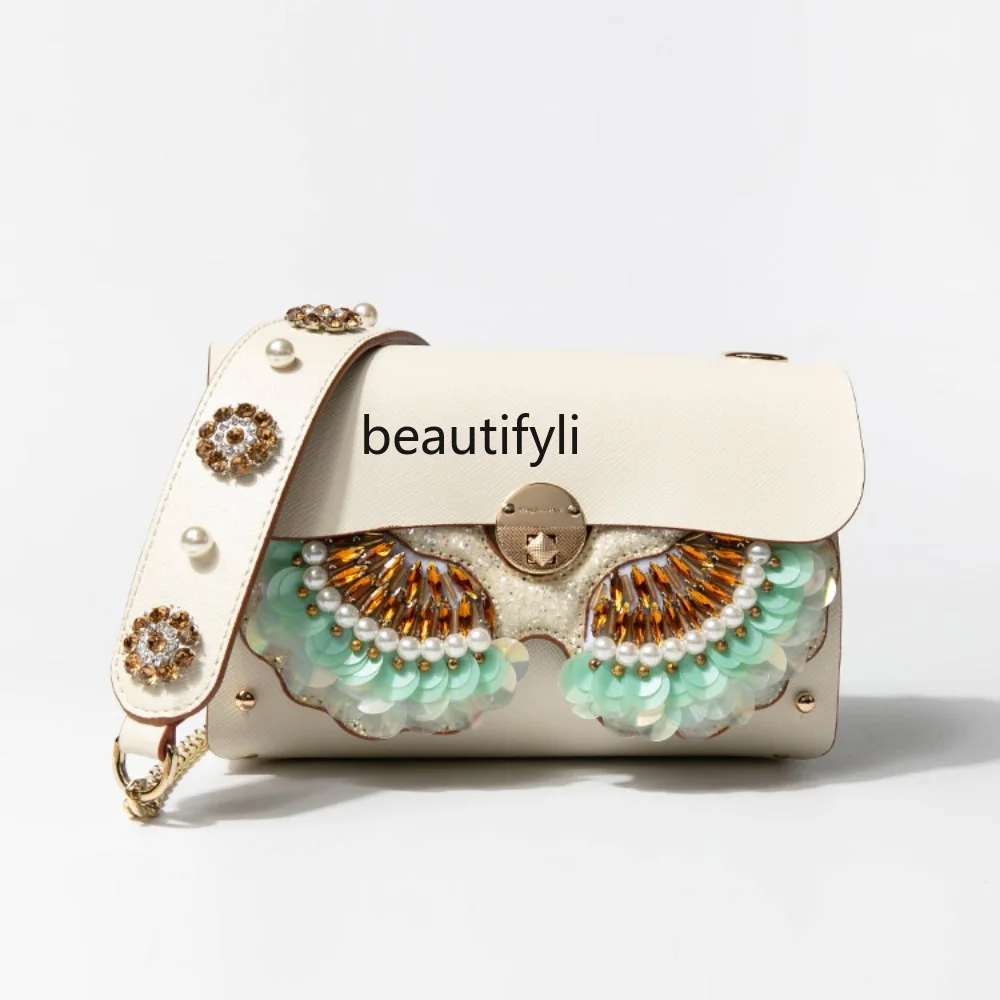 

yj Fashion Chain Bag Owl Eyes Double-Sided Cattle Leather Bag Female Niche Senior Square Bag